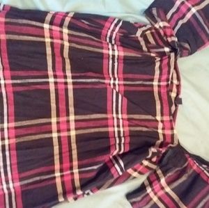 Pink and black plaid off the shoulder shirt